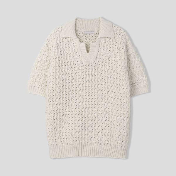 メンズ すかし オープンカラー 半袖ニットTシャツ AS KNH Q004 アイボリー_P422498598