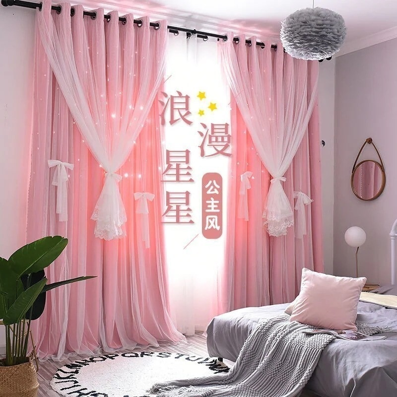 韓国のプリンセススタイルの遮光カーテン寝室中空星結婚式室布ガーゼ床から天井までの窓2862