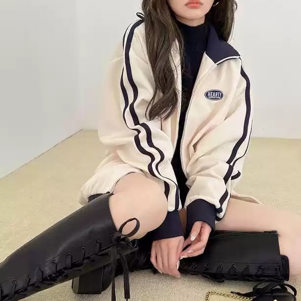 アウター ジャケット ジップ サイドライン スタンドカラー ハイネック ドロップショルダー 長袖 大人可愛い スポーティー お洒落 こなれ感 普段使い