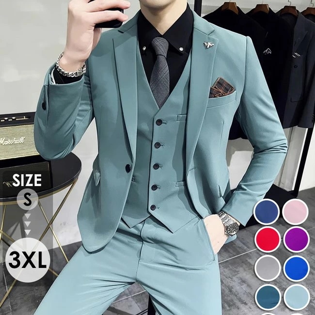 スーツ メンズ スリムスーツ 紳士服 3ピース スリーピース パンツ ベスト 1つボタン 細身 おしゃれ セットアップ フォーマル 背広 長袖 カジュアル 無地 シングル ファッション 韓国 結婚式