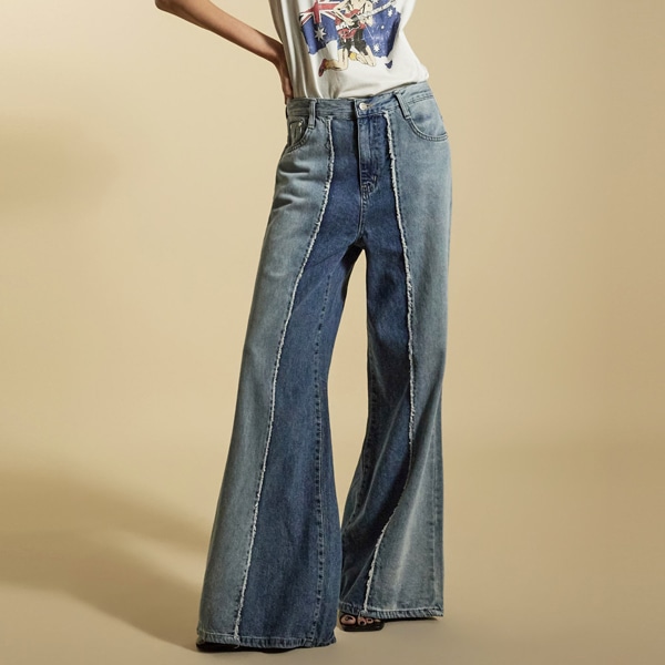 PJ594 配色 ワイド ジーンズ
