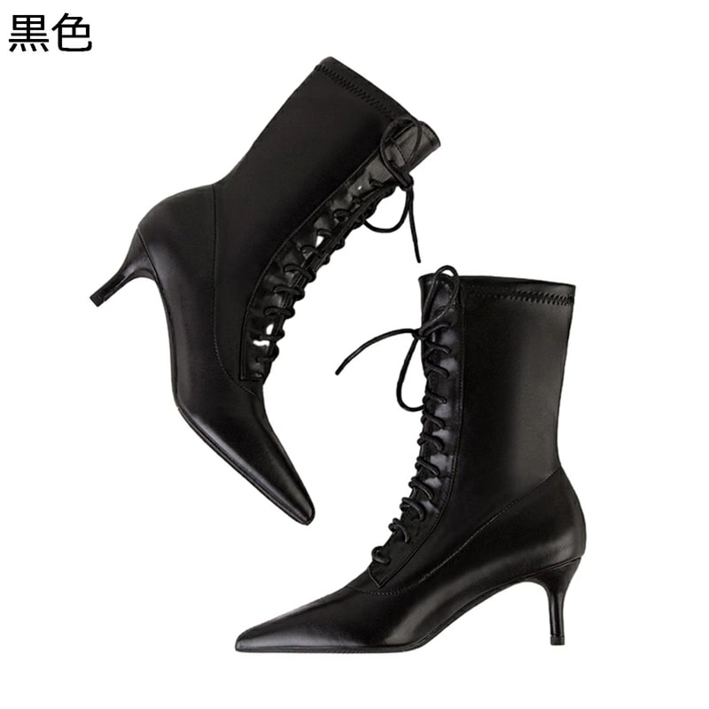 レディース ブーツ ハイヒール ショートブーツ 6cm ピンヒール 編み上げ ポインテッドトゥ レースアップ 美脚 ブーティ レースアップ 脚長 セクシー 大きいサイズ 革靴 防水 晴雨兼用 パーティ