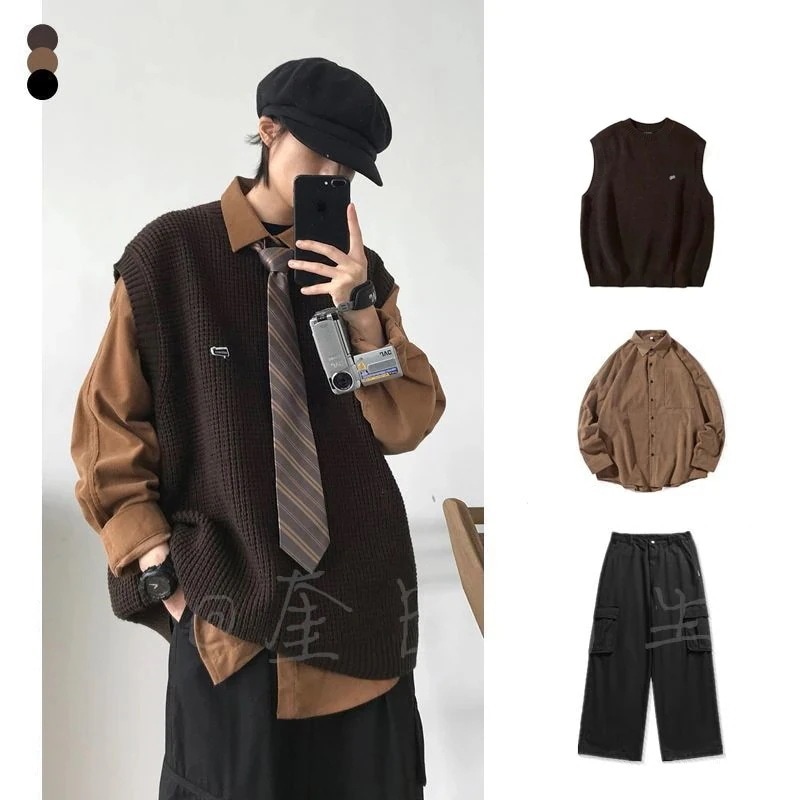 【急速出荷!】服 日系 レトロ ラウンドネックベスト+長袖シャツ+カーゴパンツ 3点セット ノースリーブ ニット 男女兼用