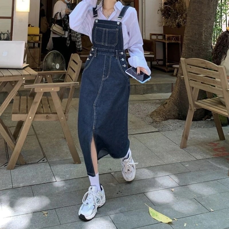 パーティードレス大きいサイズ韓国デニムサロペットスカート体型カバーキュート着痩せワンピースロングワンピースワンヒースレディースセットアップ