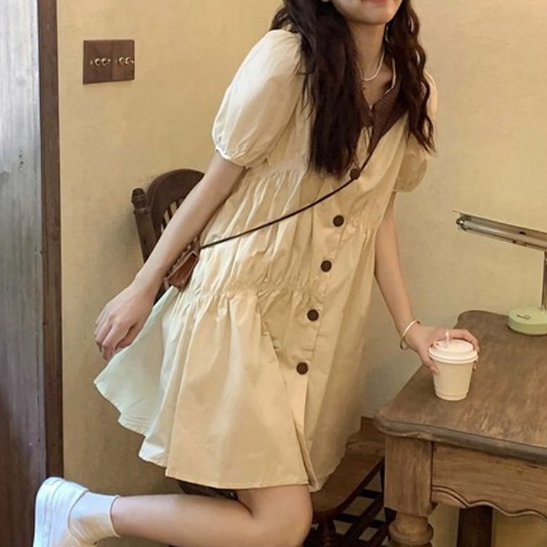 レディース ティアードシャツワンピース パフスリーブ 襟付き ギャザー ワンピース ひざ上丈 5,083円