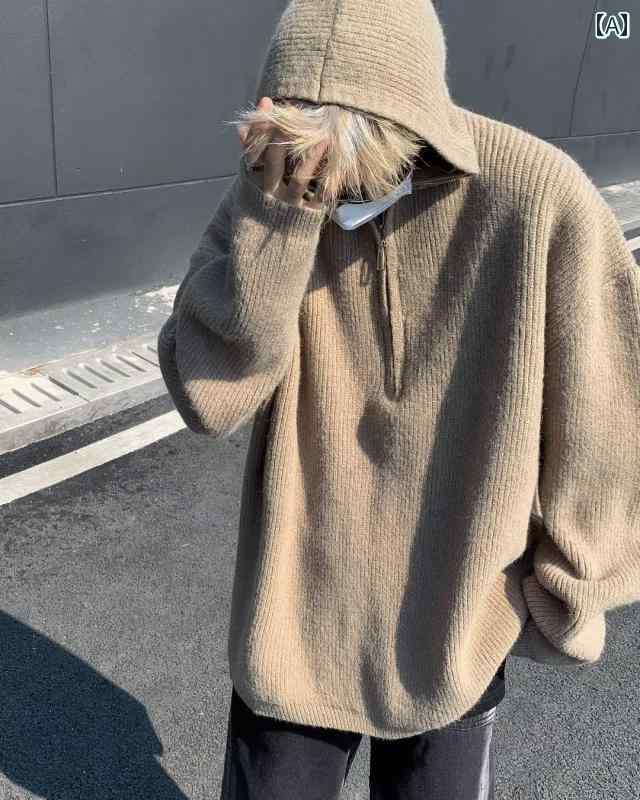 セーター メンズ ニット トップス 秋冬 ハーフジップ フード オーバーサイズ キャメル グレー ブラック 韓国