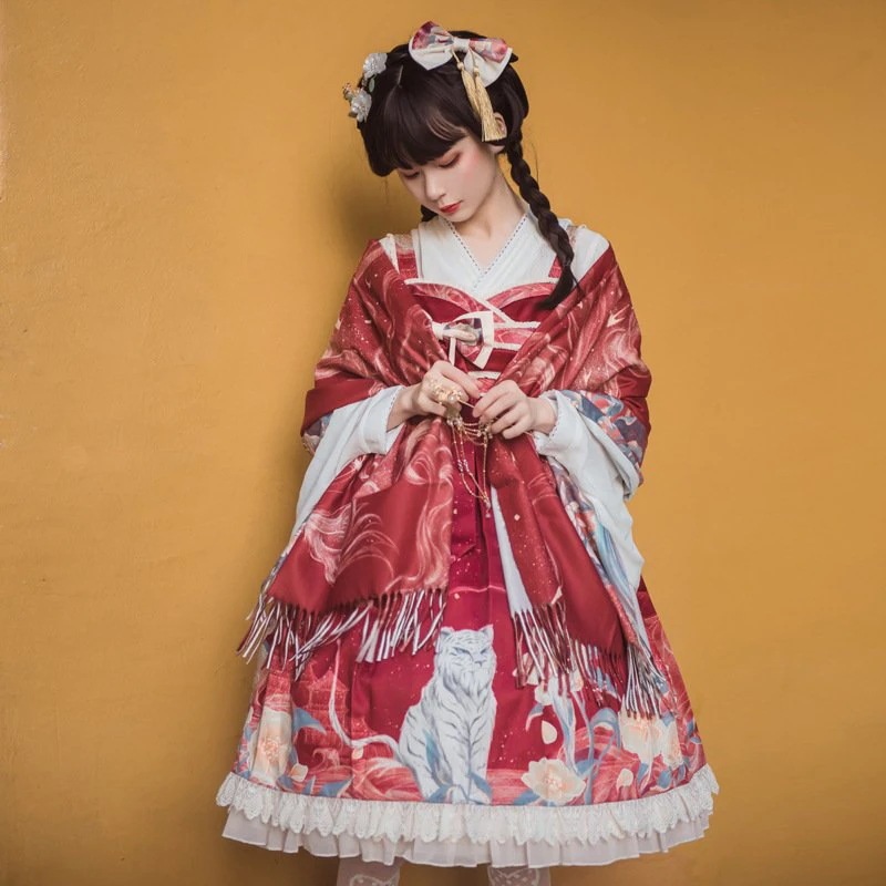 ロリータ ワンピース チャイナドレス ジャンパースカート 華ロリ 古典 中華 レディース コスプレ 白虎