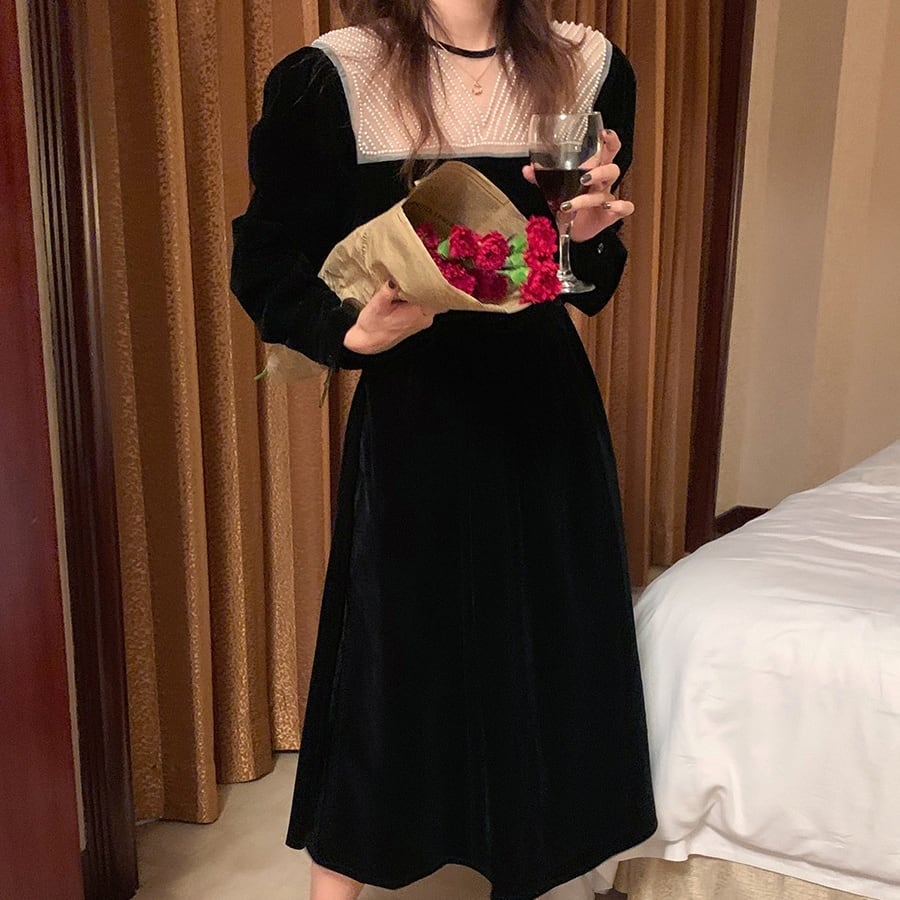 ワンピース ワンピースドレス ロング ロング丈 長袖 ラウンドネック 透け感 シースルー 4,921円