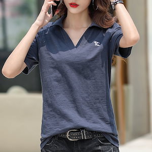 韓国ファッション リードtシャツレディース半袖 カジュアルPOLOポロシャツスリムVネック半そでブラウス