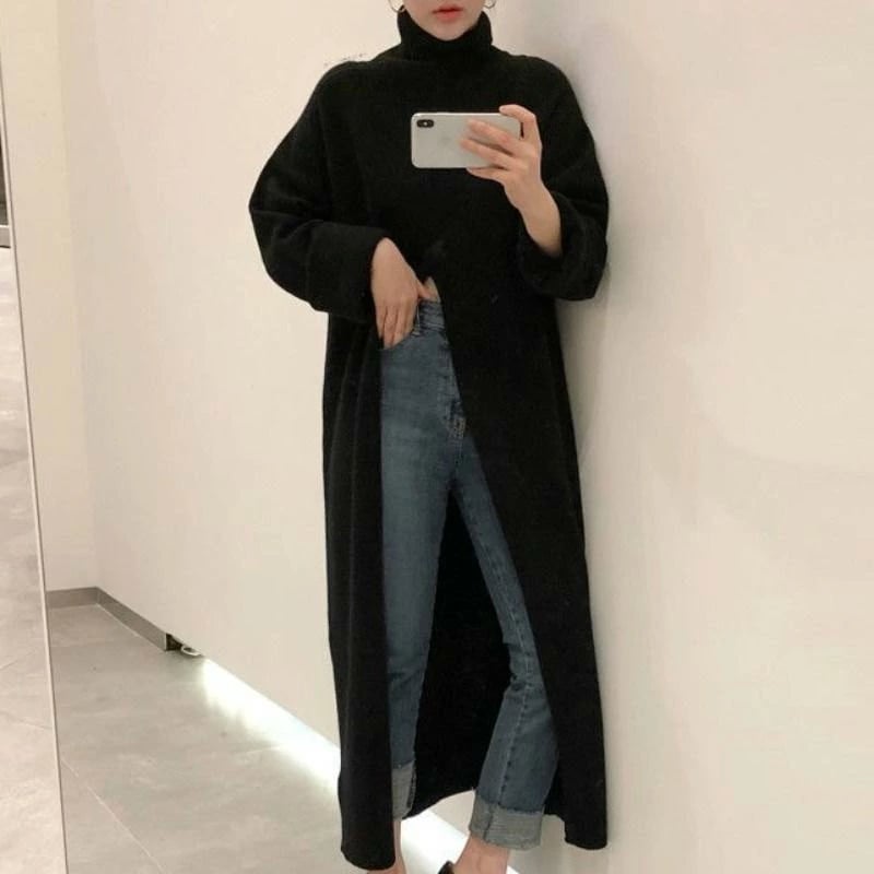 レディース 韓国ファッション ニット ロング丈 スリット タートルネック ハイネック セーター 長袖 トップス カジュアル 大人女子 大人カジュアル 無地 スタイリッシュ デイリー 普段着 ブラック