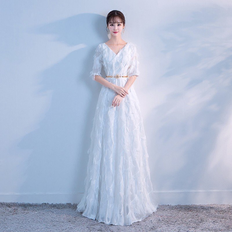 高品質大割引ウエディングドレス ウェディングドレス 二次会ドレス Aラインドレス 長袖 ロングドレス 結婚式 花嫁 白 オフホワイト パーティードレス 演奏会 フォーマルドレス サッシュベルト 前撮り