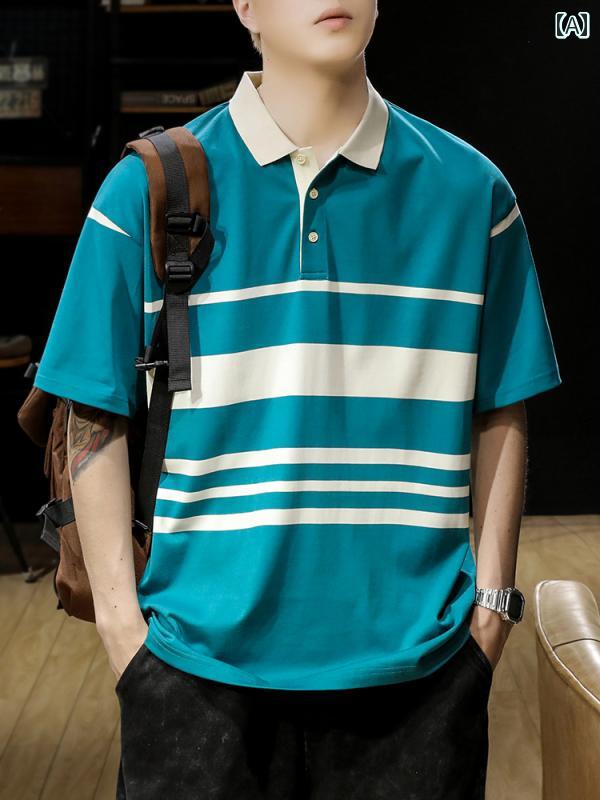 ポロシャツ おしゃれ アメリカン カジュアル ヘビーウェイト ボーダー 半袖 メンズ 夏 Tシャツ 男性用 五分袖 毎日 カラーマッチング 綿