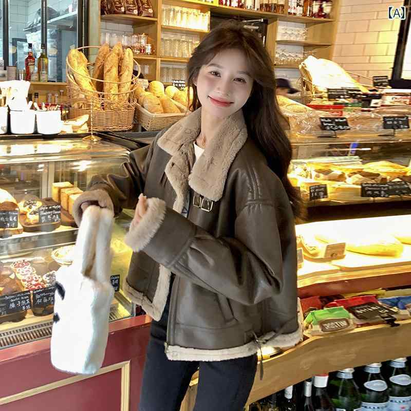 レザージャケット レディース アウター カジュアル ブラウン レトロ オートバイ ラムウール コート 女性 冬 メイラード 着用 毛皮 ワンピース 厚手 トップス