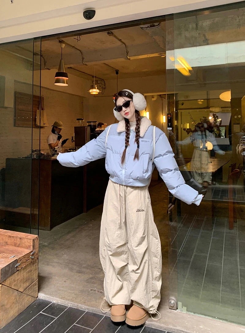 【急速出荷!】ふっくら中綿 あたたかい 防寒あったかショート暖かいかわいい ブルゾン厚手アウターブルーBF風 無地羽織るファッションフリース大人ゆったりカジュアルストリートネックにサイズゆるダボシルエ