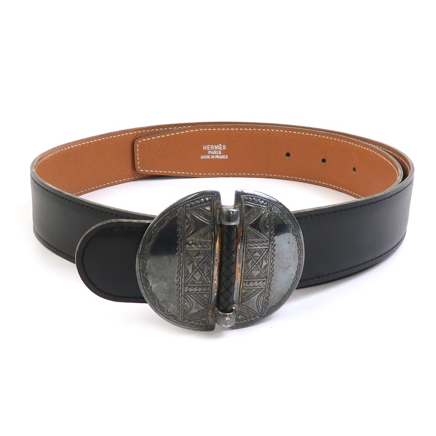 エルメス HERMES ベルト トゥアレグ レザー/メタル ブラック/ブラウン メンズ e60623a