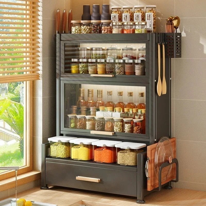 調味料キャビネット引き出し付き調味料ボックス醤油ボトル缶収納棚ドア付き防塵家庭用キッチンテーブル棚限定数量