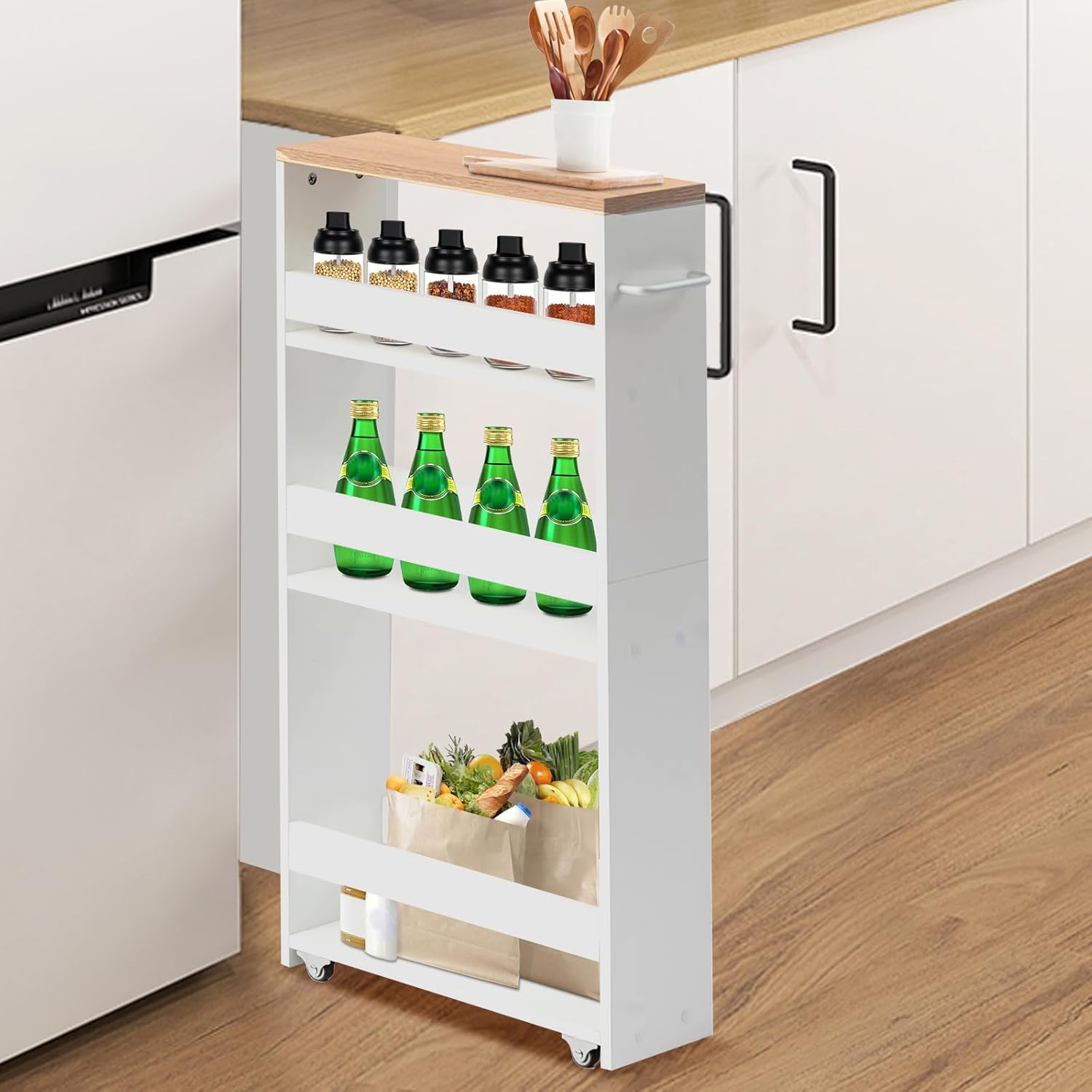 隙間収納 スリム3段 収納カート キャスター付き ハンドルとフック3個付き ホワイト 幅14cm×奥行40cm×高さ80cm キッチン バスルーム 洗面所用