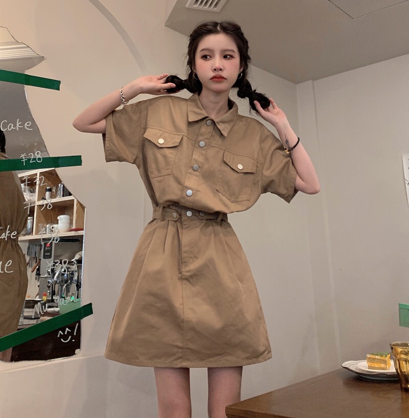 ワンピース ミニ ミニ丈 ショート ショート丈 袖あり 半袖 Vネック 襟付き Aライン ウエストマーク ポケット かわいい カジュアル おしゃれ お洒落 かっこいい ラフ ボーイッシュ 無地 春 夏 5,275円