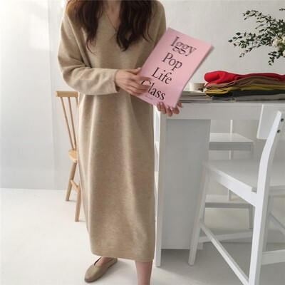 ワンピース レディース ロング 長袖 Vネック かわいい 大人可愛い きれいめ シンプル カジュアル 大人 上品 おしゃれ 無地 秋 冬 ママ 学生 デート 楽ちん 着回し ベージュ ブルー ブラウン