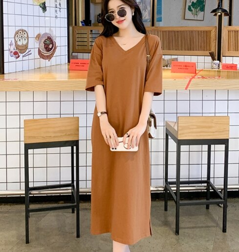 ワンピース Tシャツ ルームウェア 半袖 五分袖 Vネック ロング丈 ミモレ丈 薄手 大人可愛い シンプル カジュアル ラフ ルーズ 春 秋 デート 楽ちん お出かけ XL 2XL 3XL 5,206円
