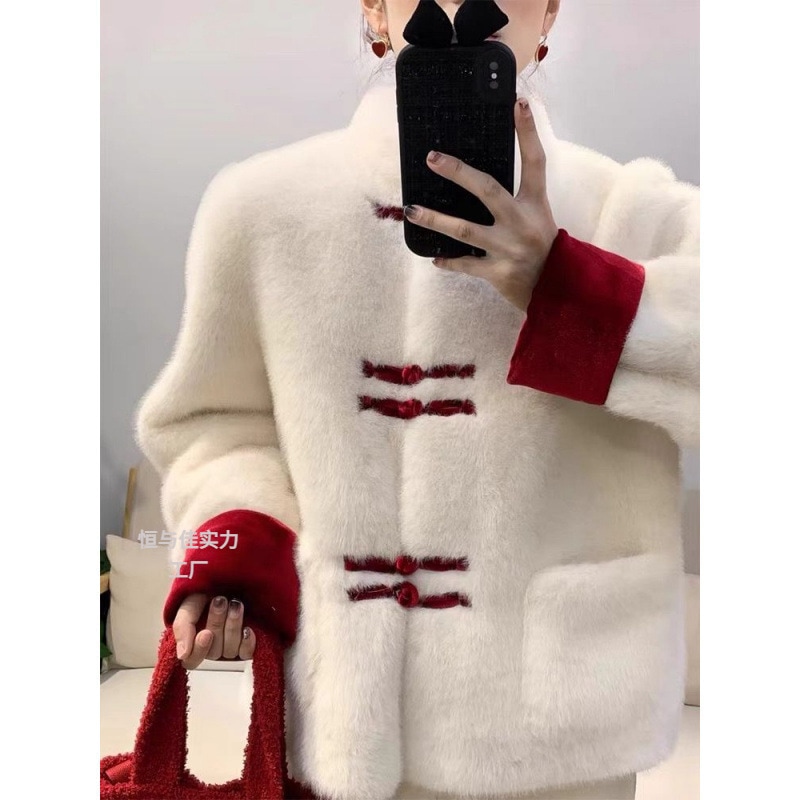 女性のための新しい中国風コントラストカラーディスクバックル模造ミンクコートヨーロッパステーション秋と冬ルース外国風模造ミンクトップ