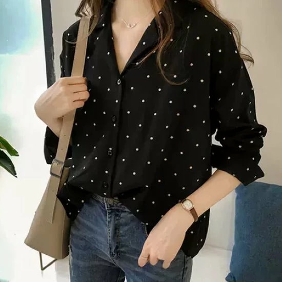 シフォンシャツ レディース シフォンブラウス トップス 水玉 ドット柄 フロントボタン 長袖 カジュアル お出かけ おしゃれ 襟あり 総柄 きれいめ オフィス OL ファッション ブラウス