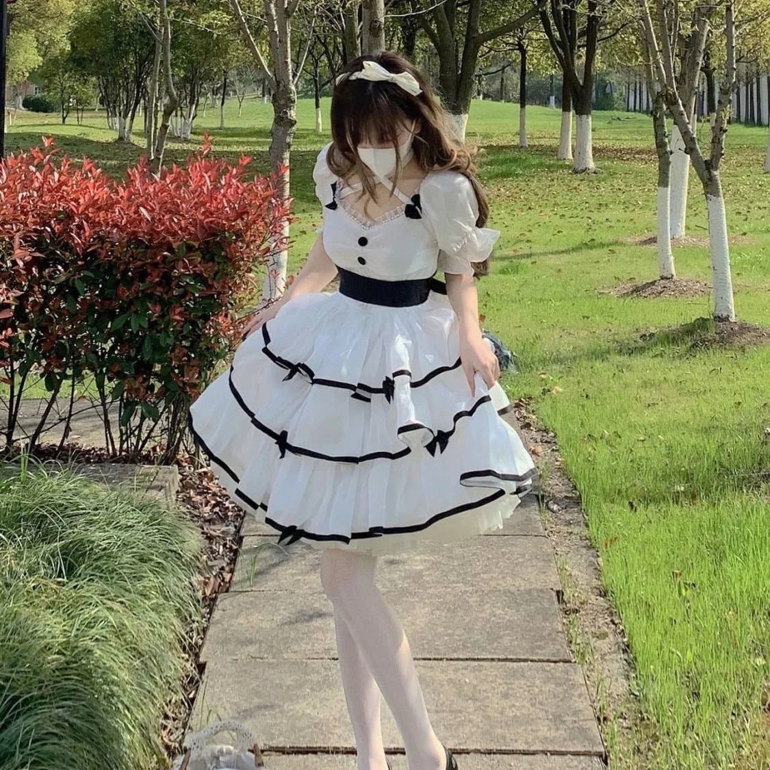 5春のドレス女子学生韓国語版ソルトシリーズ女の子小中長ステッチスクエアカラーケーキスカート