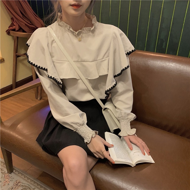 オーバーサイズ 配色刺しゅうトリミング フリルポイント トップス ブラウス ミディアム丈 長袖 手元シャーリング ボリューム袖 パフスリーブ 襟付き スタンドカラー フリルネック 刺繍 かわいい 4,932円