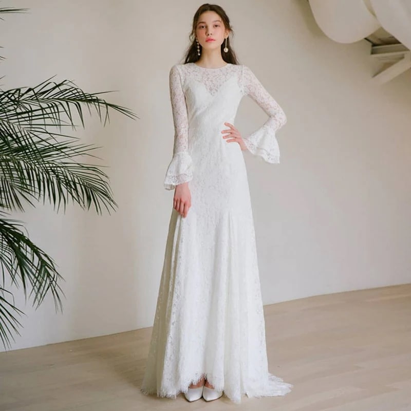 マキシスカート 無料！フォトウエディング前撮り 披露宴 花嫁 袖あり 結婚式 レース 長袖 後撮りロングドレス 海外挙式 白 ウエディングドレス 二次会 スレンダーライン
