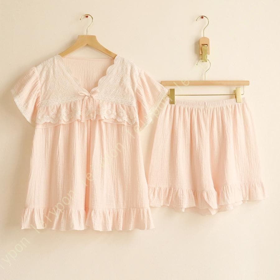パジャマ レディース 綿100% 半袖 ルームウェア 上下セット 可愛い フリル ロングパンツ ズボン リボン 春 夏 夏用 涼しい 女性 ジュニア コットン 部屋着