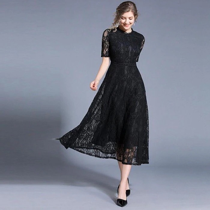 ミモレ丈総レース半袖ワンピースパーティードレスロング入園式二次会謝会同窓会服発表会結婚式フォーマル20304050