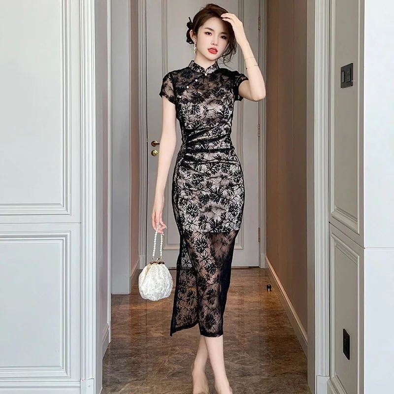 新しい中国風レースチャイナドレス半袖改良ドレス女性の若い日常ドレススカート国民風スカート30470