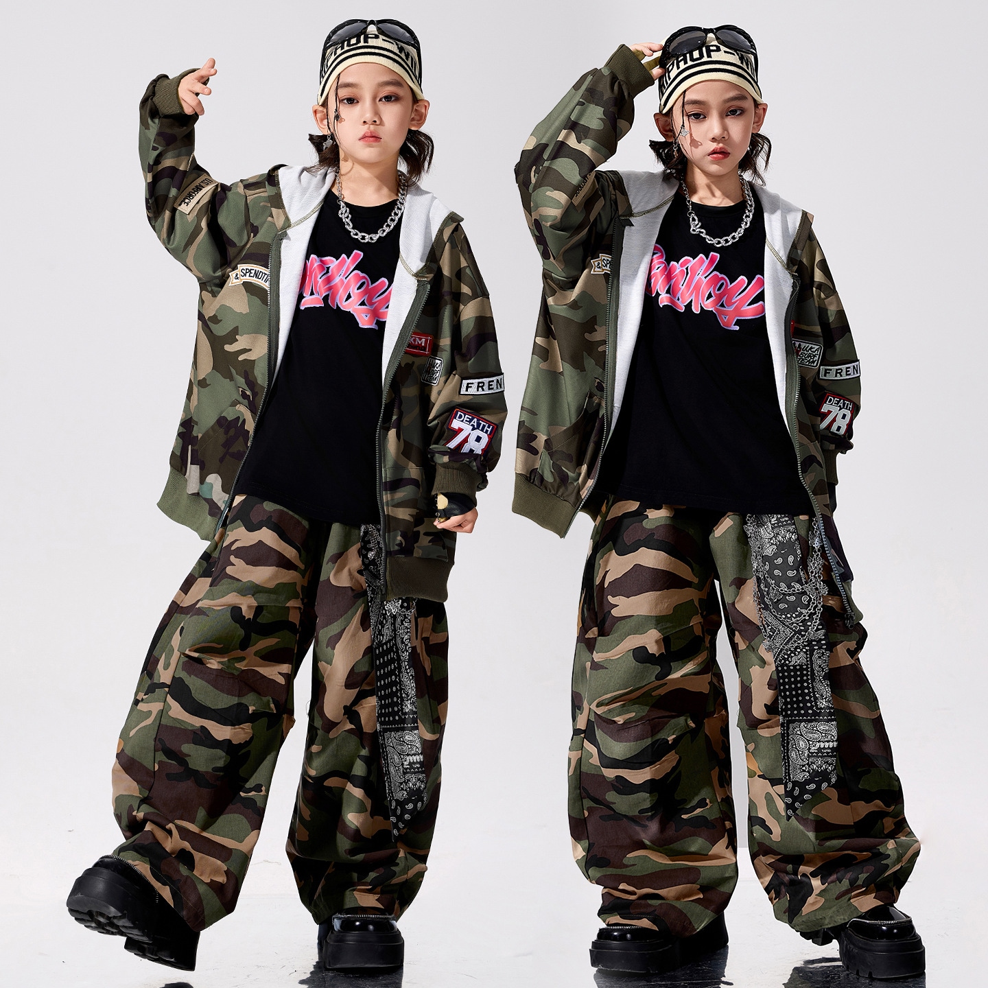 男女兼用 ジャージ セットアップ ストリートダンスファッション男の子用ヒップホップファッションクールでスタイリッシュなパフォーマンス衣装子供用ドラムパフォーマンス衣装
