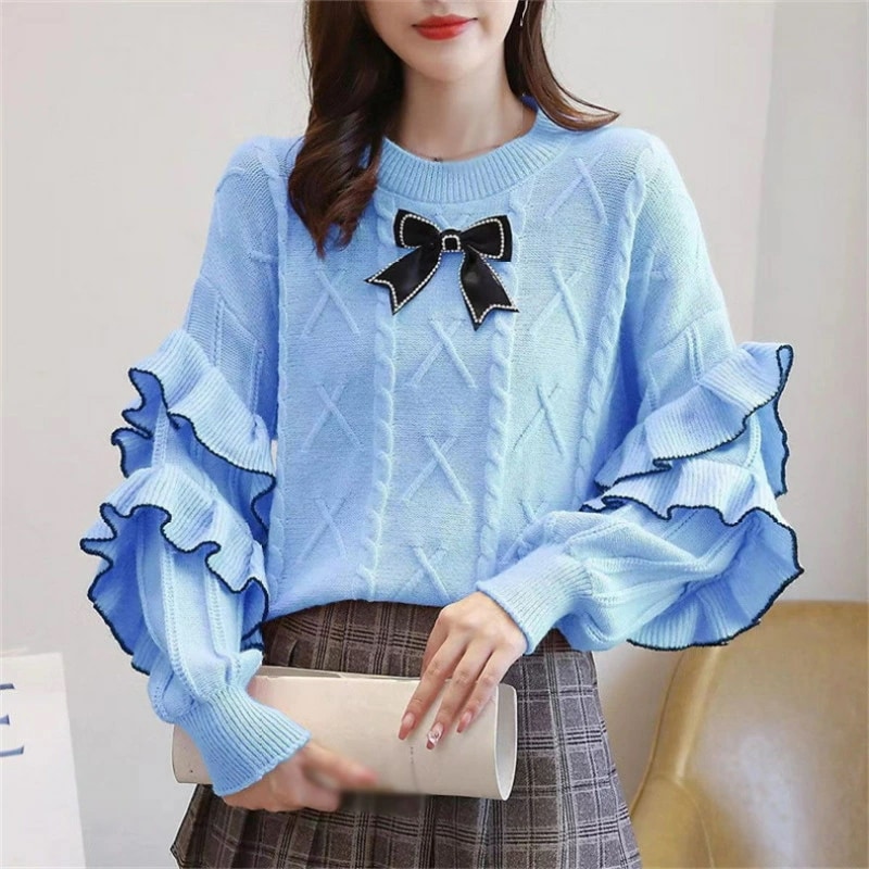 ふんわり 長袖 ニット フリル かわいい 暖かい セーター 上品 ニットセーター レディース オーバーサイズ リボン付き 超可愛い 秋 冬 オフィス 肌触しっとり きれいめ セーター クルーネック 着