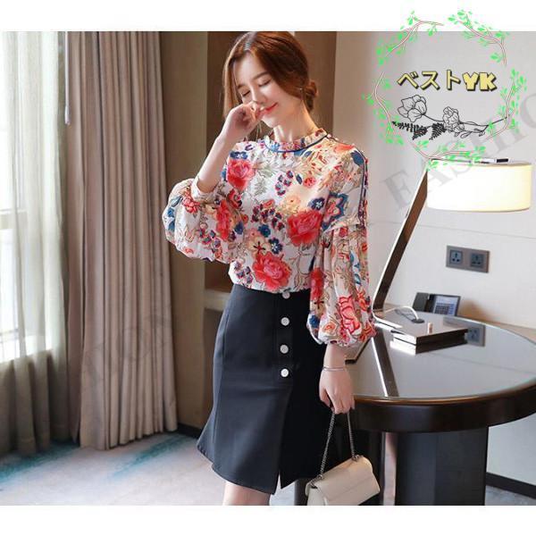 ブラウス シャツ レディース バルーンスリーブ 花柄 シフォン 長袖 柄シャツ パフスリーブ フレアスリーブ 総柄