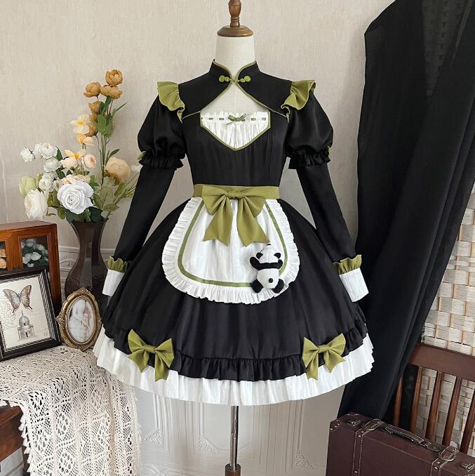 中華風 ロリータワンピース パンダ付き 漢風 長袖 ロリータドレス 可愛い 膝丈 ミドル丈ドレス パンダ取外し可 学園祭 文化祭 女子 コスプレ衣装 イベント衣装