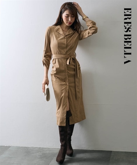 ロング・マキシ丈/半袖 ベルテッドシャツワンピース 大きいサイズ有 ERES BELLA