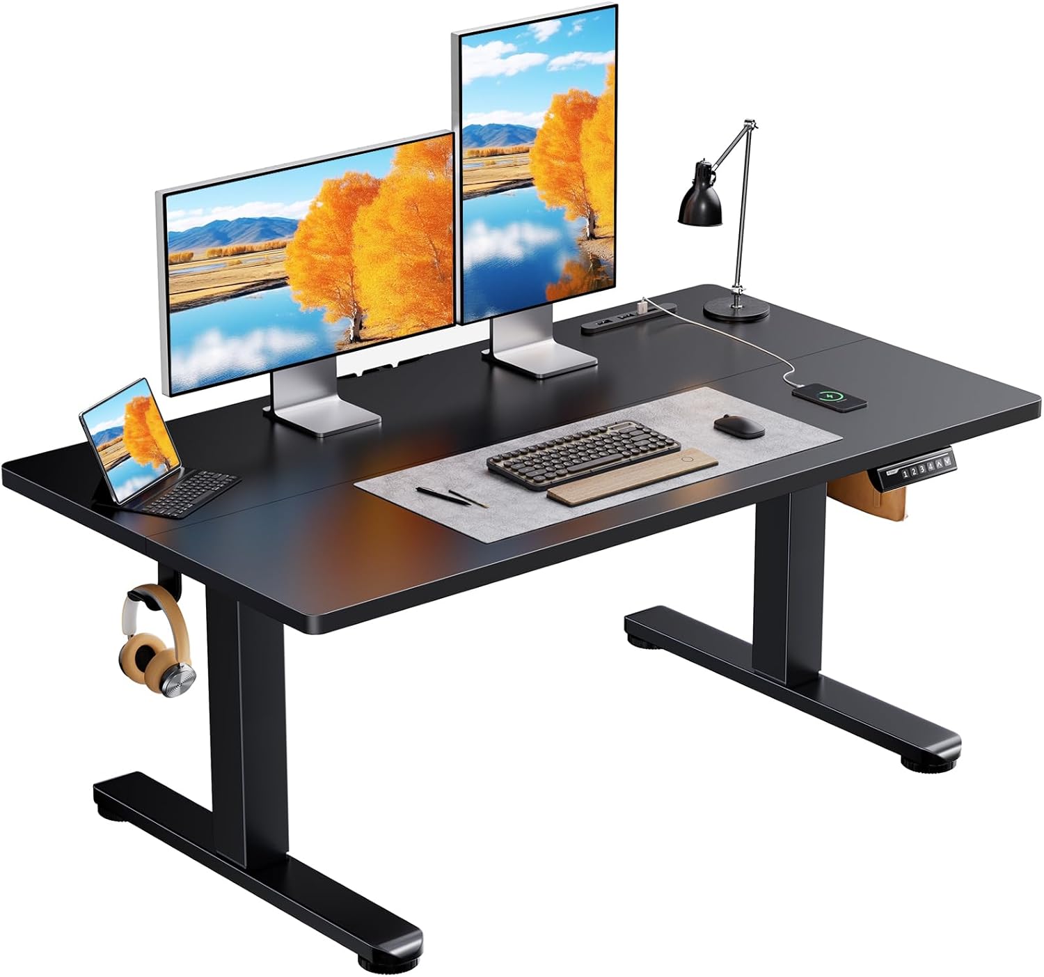 ErGear 電動昇降式デスク ロータイプ 高さ48-72cm コンセント&USBポート付き ローデスク 座椅子机 4パターン高さメモリー機能 静音 収納フック付き パソコンデスク テーブル 電動机