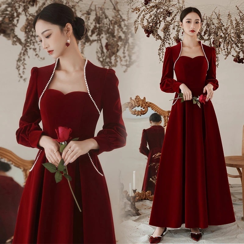 結婚式ドレス 二次会ドレス ワイン赤 ベロア ベルベット 長袖 パール エレガント ロングドレス ゲストドレス ワインレッド イブニングドレス 発表会ドレス Aライン XS S M L XL XXL