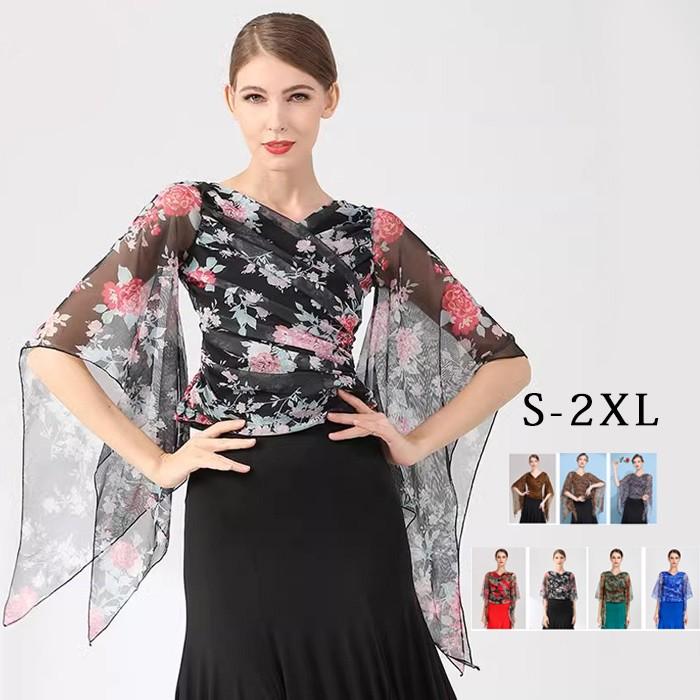 社交ダンス トップス レオタード 股下ホック 花柄 長袖 ヒョウ柄 透け感 フリル 胸パッド付き ラテン モダン レッド グリーン ブルー ブラウン ブラック S-2XL