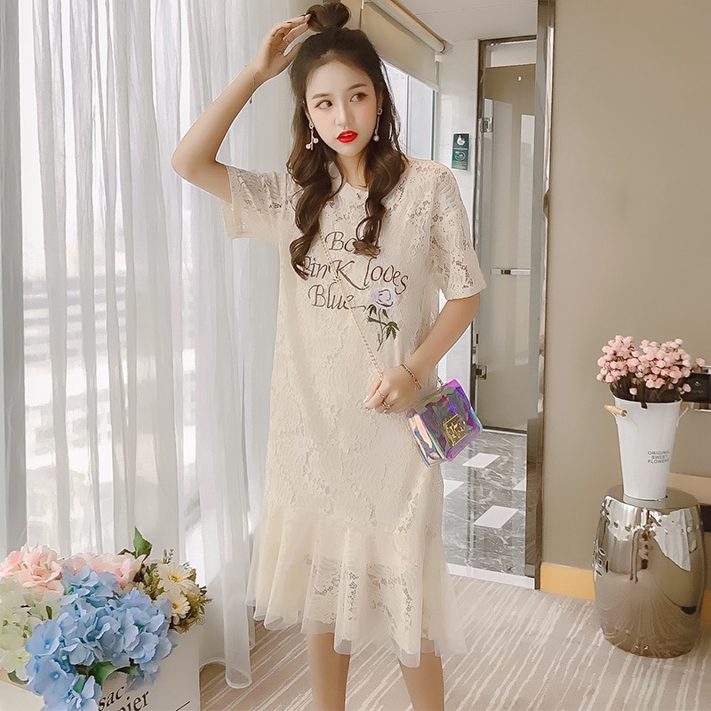 1615.レースロゴワンピース（ベージュ）2019 春夏 sale 通学 ショッピング 普段使い カジュアル 女子会 カフェ ランチ