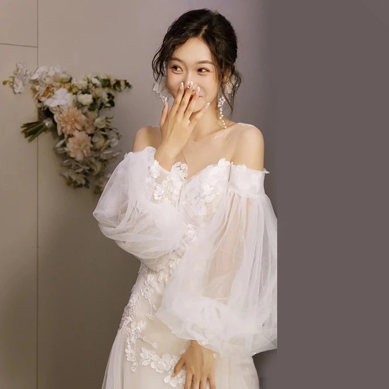 6月新入荷 ウェディングドレス白 ウェディングドレストレーンライン セクシー露背 パーティードレス ドレス 結婚式二次会 露背 パフスリーブ ワンピース 前撮り 可愛いレース 花嫁ドレス