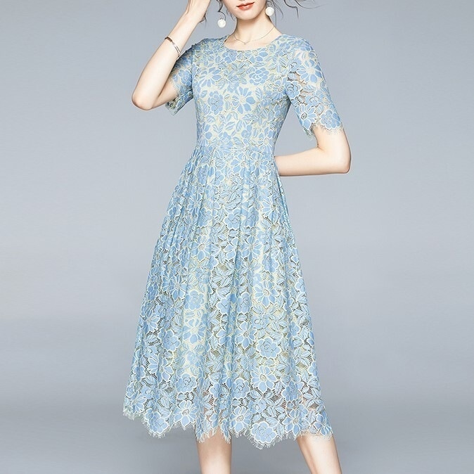 ワンピース 半袖 春 夏 秋 春夏 きれいめ フォーマル aライン Aライン フレア ワンピドレス 膝下 ミモレ丈 ミディアム丈 五分袖 クルーネック 襟なし フレア スリム 細身 ストレート レース