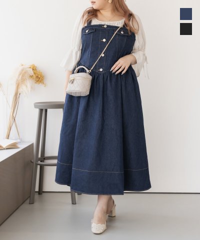 大きいサイズ レディース LL 3L 4L XL XXL XXXL CLETTEオリジナルビスチェ風切替デニムワンピース