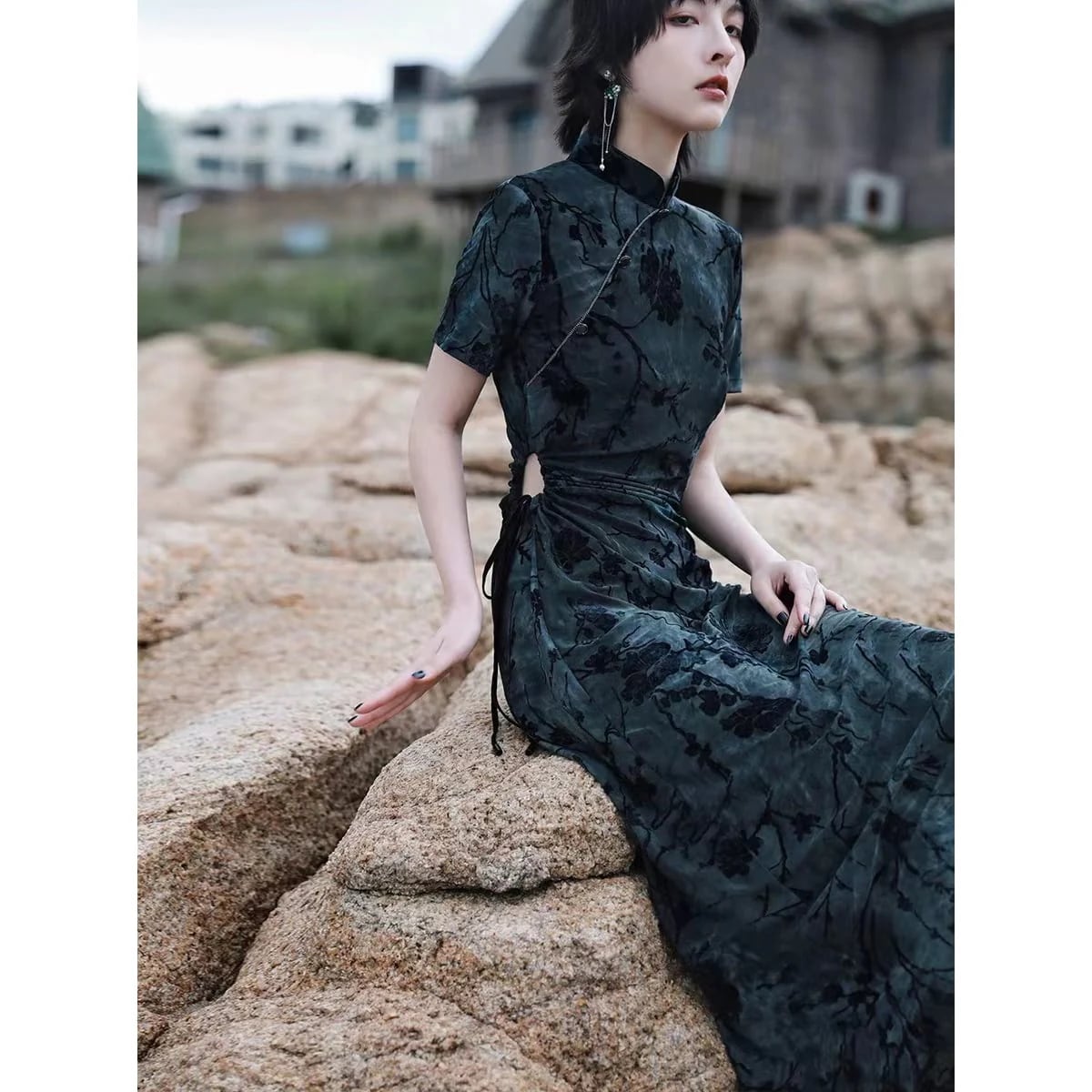 チャイナドレス ブルー ブラック ロングドレス チャイナ風ワンピース 入学式 卒業式