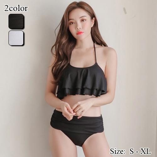 【グラシア】 水着 ビキニ レディース ビーチウェア スイムウェア 流行 海 プール 2段 フレア 胸元 折り返しボトム ブラック ホワイト S M L ビキニ