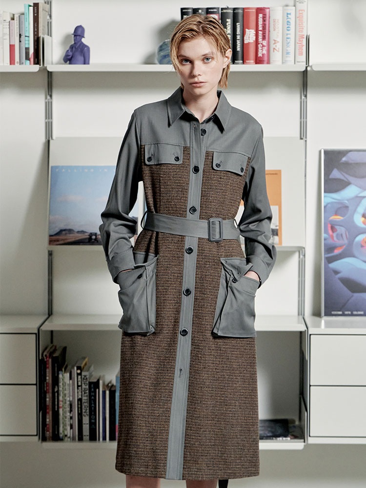 포켓 패치워크 벨티드 울 트위드 체크 셔츠드레스