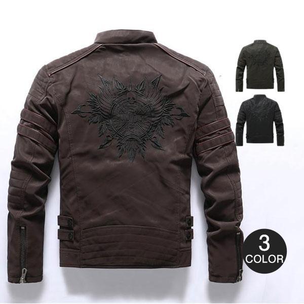 ライダースジャケット メンズ 革ジャン レザージャケット 刺繍 ドクロ 髑髏 バイク 裏ボア 裏起毛 防寒 PU 暖かい アウター 冬服 バイカー