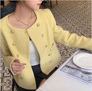 【超お得1つ買うと10個もらえる】急速出荷2025年新作ダブルブレストコートレディースラウンドネック長袖ツイードトップレディース気質