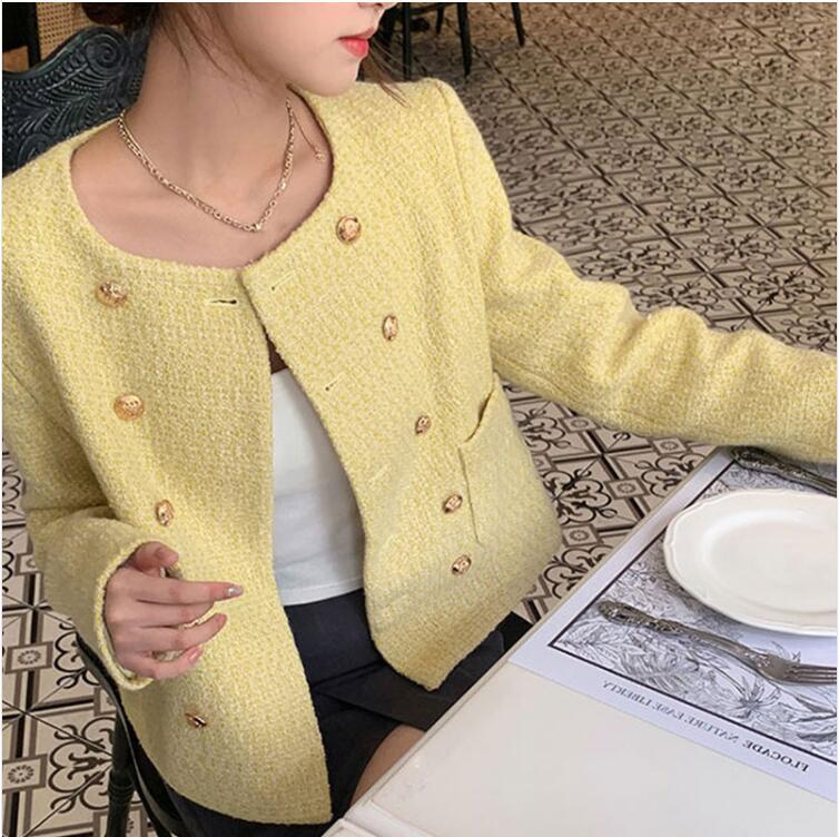 【超お得1つ買うと10個もらえる】急速出荷2025年新作ダブルブレストコートレディースラウンドネック長袖ツイードトップレディース気質